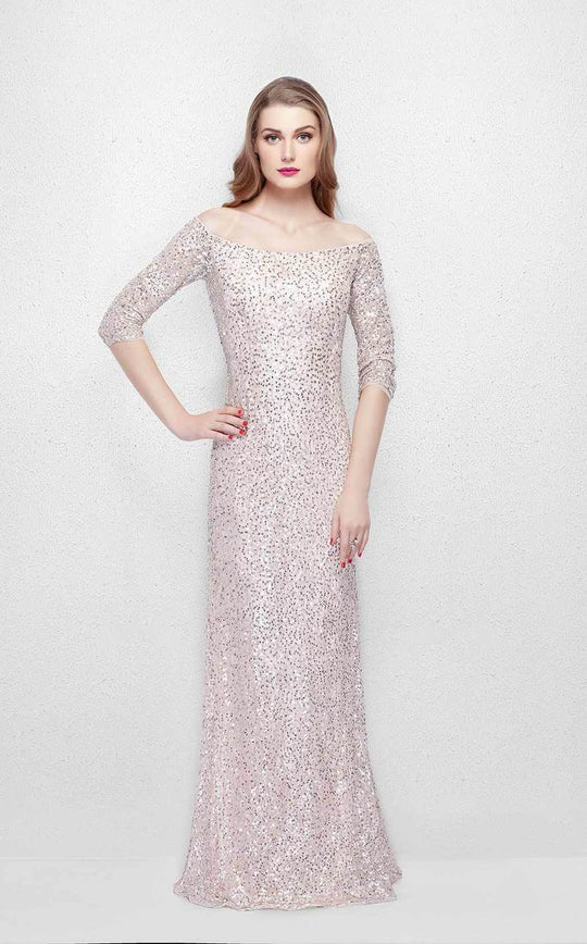 Primavera Couture - 1275 Off Shoulder Sparkly Sequined Evening Dress In Pink