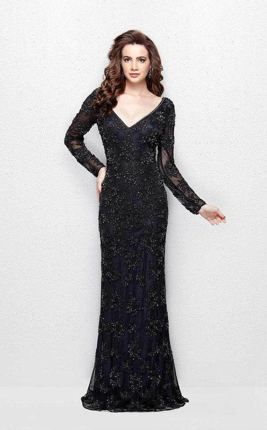 Primavera Couture - 1971 Embellished Long Beaded V-Neck Evening Dress In Black