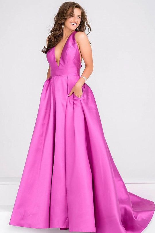 V Neck Mikado Prom Ballgown with Pleated Skirt JVN47530