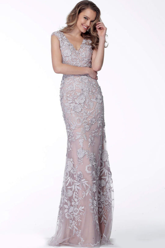 Jovani - 65636 V-Neck Embroidered Long Dress In Gray