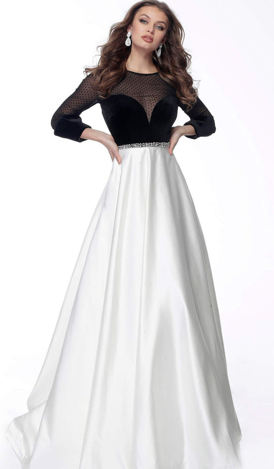 Jovani - 62124 Velvet Long Sleeve Satin A-line Gown In White and Black