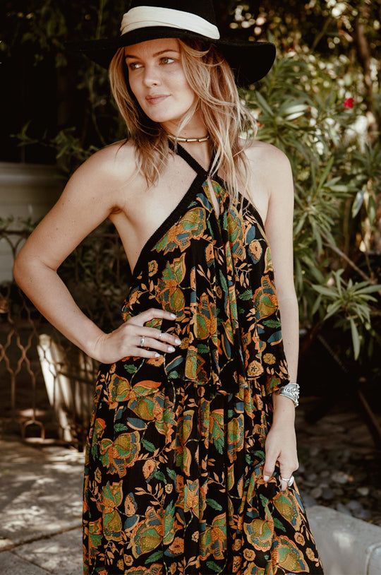 TROPICAL PARADISE RUFFLE HALTER DRESS