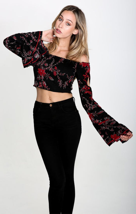 MIDNIGHT BLOSSOM BELL SLEEVE CROP TOP