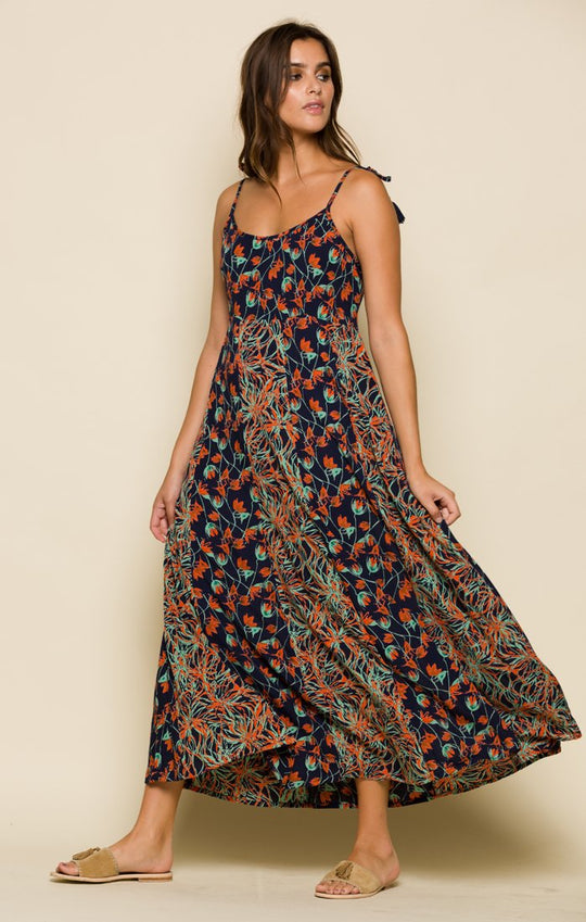 BOTANIC NIGHTS TIE STRAP MIDI DRESS