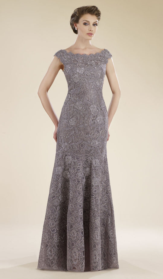 Rina Di Montella - Lace Applique Scalloped Bateau Trumpet Dress RD1919 in Gray