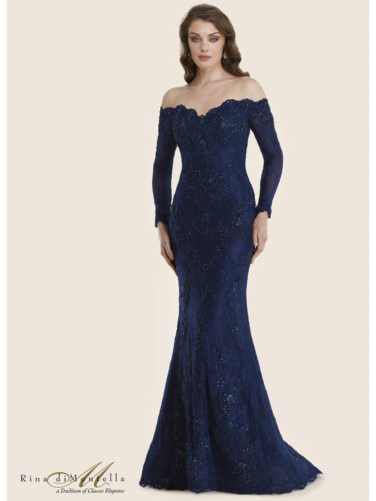 Rina di Montella - RD2605-1 Embellished Lace Off-Shoulder Trumpet Gown In Blue