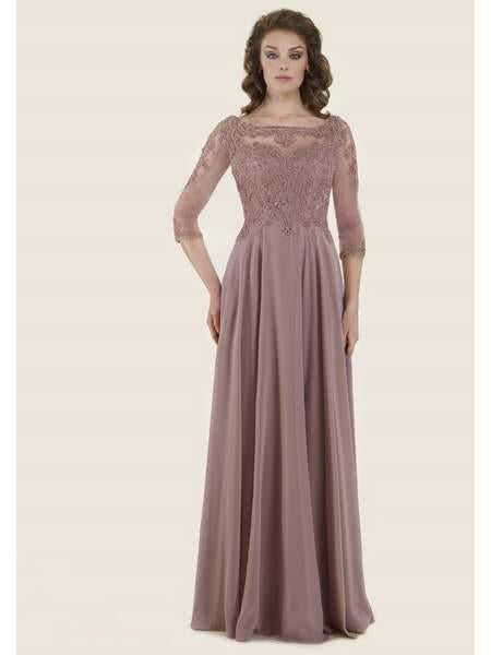 Rina di Montella - RD2606-1 Beaded Lace Quarter Length Sleeve Dress In Brown