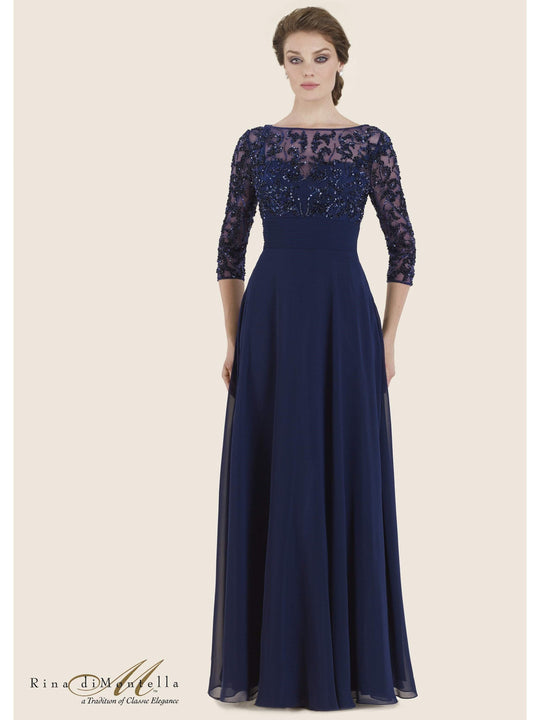 Rina di Montella - RD2626-1 Sequined Illusion Bateau Chiffon Gown In Blue