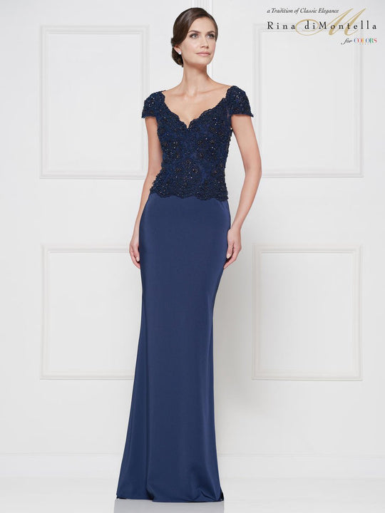 Rina Di Montella - RD2647 Applique Scalloped V-neck Sheath Dress In Blue