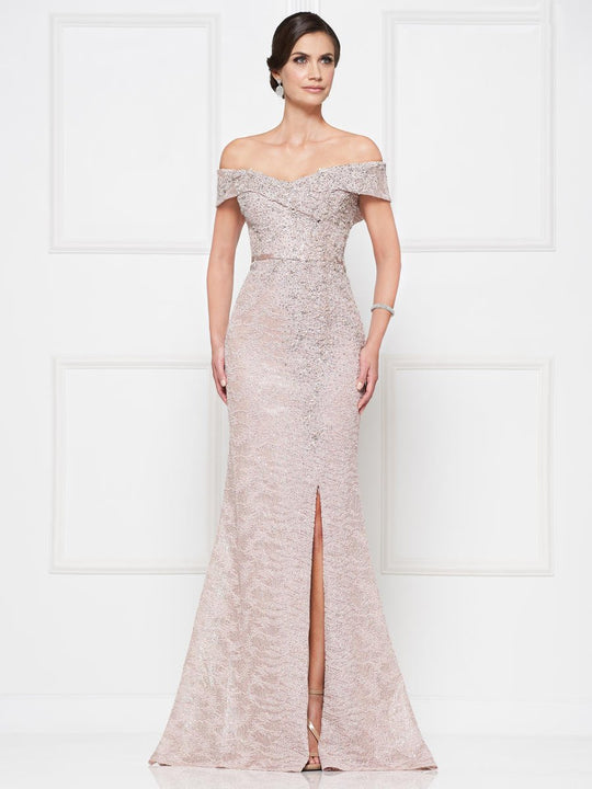 Rina Di Montella - RD2655 Lace Off-Shoulder Trumpet Dress With Slit In Pink
