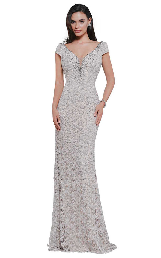 Rina Di Montella - RD2656 Lace Cap Sleeve Deep V-neck Fitted Dress In Gray