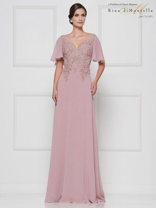 Rina Di Montella - RD2667 Applique Off-Shoulder Sheath Dress in Pink