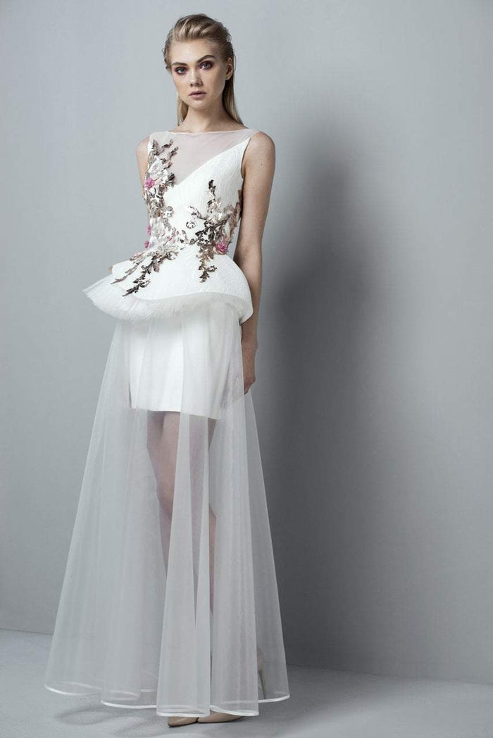 3352 Illusion Appliqued Peplum Detail Gown
