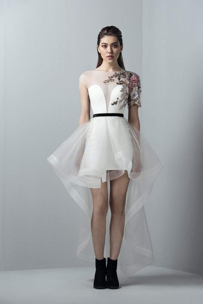 3353 Appliqued Illusion Lattice High Low Gown