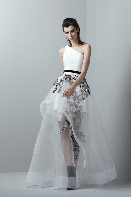 3354 Asymmetrical Appliqued Peplum Gown