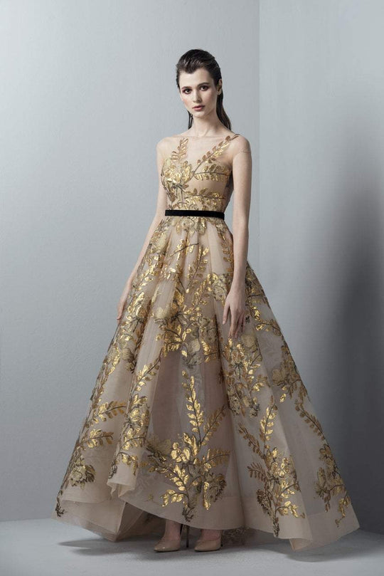 3359 Gold Appliqued Sheer Gown
