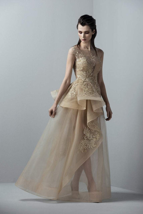 3362 Gold Appliqued Peplum Gown