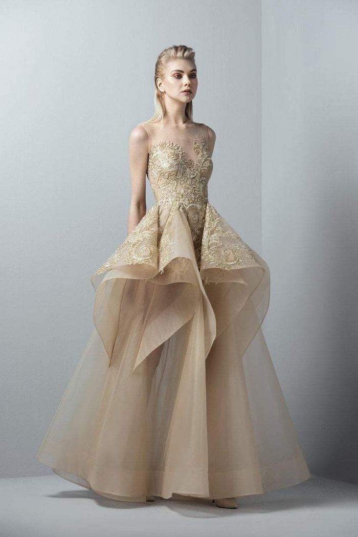 3363 Gold Appliqued Ruffled Peplum Gown