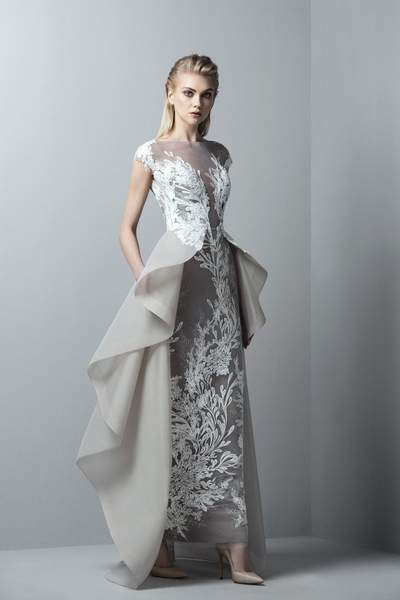 Saiid Kobeisy - Illusion Bateau A-line Dress With Overskirt 3369 In Gray