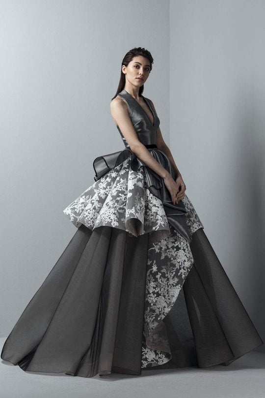 3376 Metallic Halter Asymmetric Ballgown