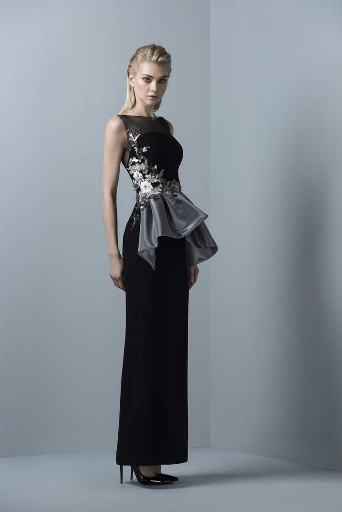 3378 Floral Applique Sheer Bateau Column Dress