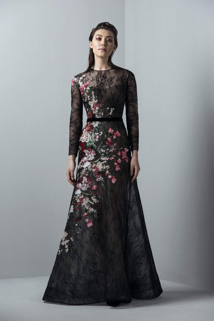 3383 Long Sleeved Floral Tulle Gown