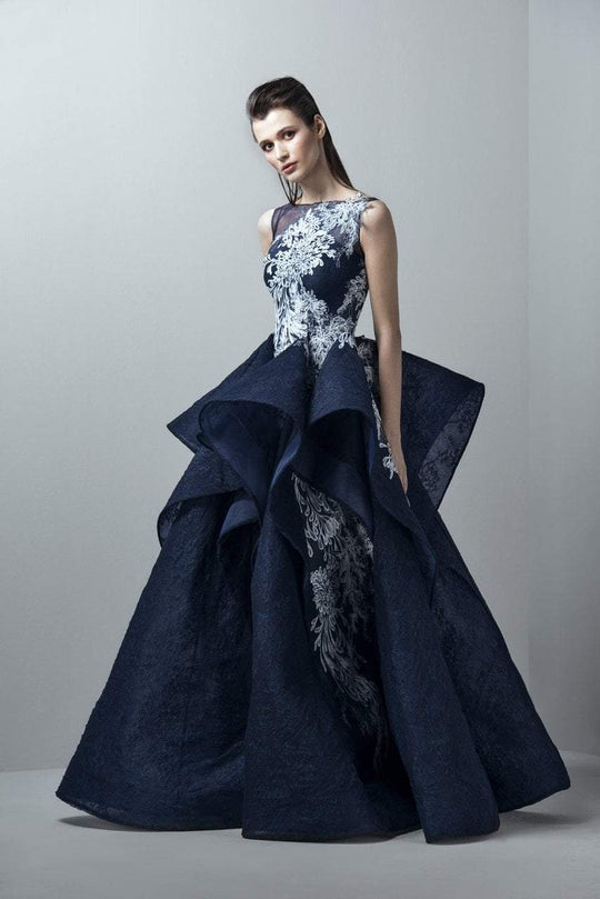 3390 Sleeveless Tulle Brode Layered Peplum Gown