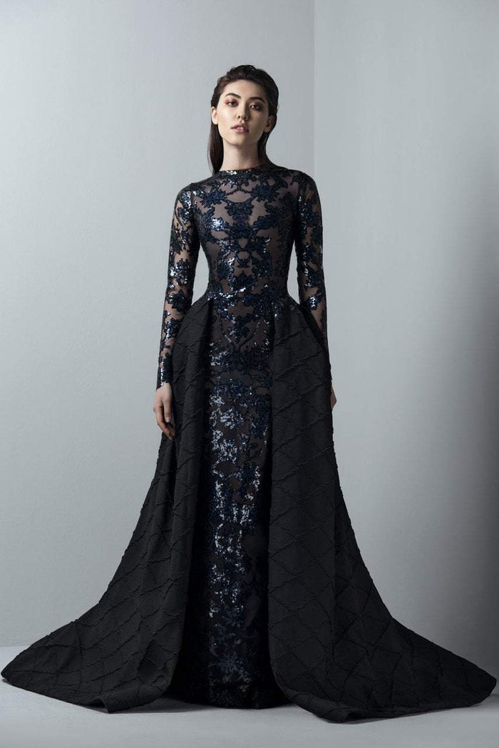 3391 Long Sleeve Tulle Brode Gown with Overskirt