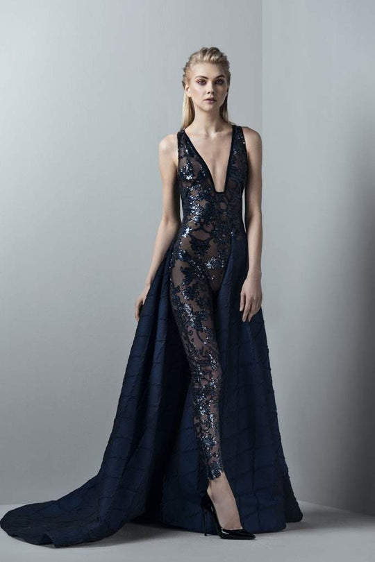 Saiid Kobeisy Sleeveless Deep V-Neck Sequined Jumpsuit with Overskirt 3392 - 1 pc Clematis Blue In Size 6 Available In Blue