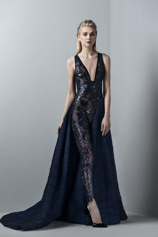 3392 Deep V-Neck Sequined Jumpsuit with Overskirt