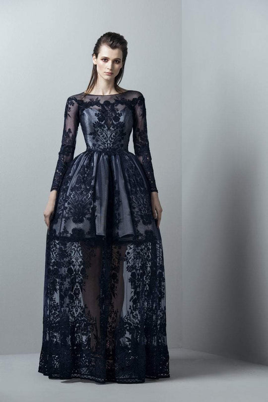 3393 Long Sleeve Illusion Tulle Brode Gown