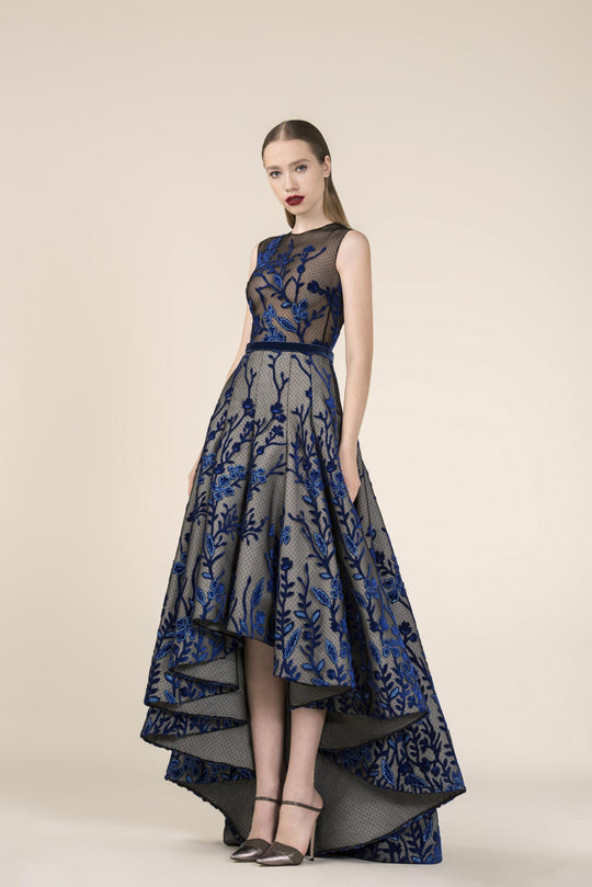 Saiid Kobeisy - RE3572 Floral Embroidered A-Line High Low Gown in Black and Blue
