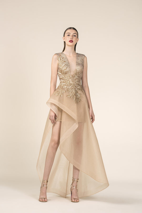 Saiid Kobeisy - RE3575 Sheer Gold Brocade A-Line High Low Gown in Gold