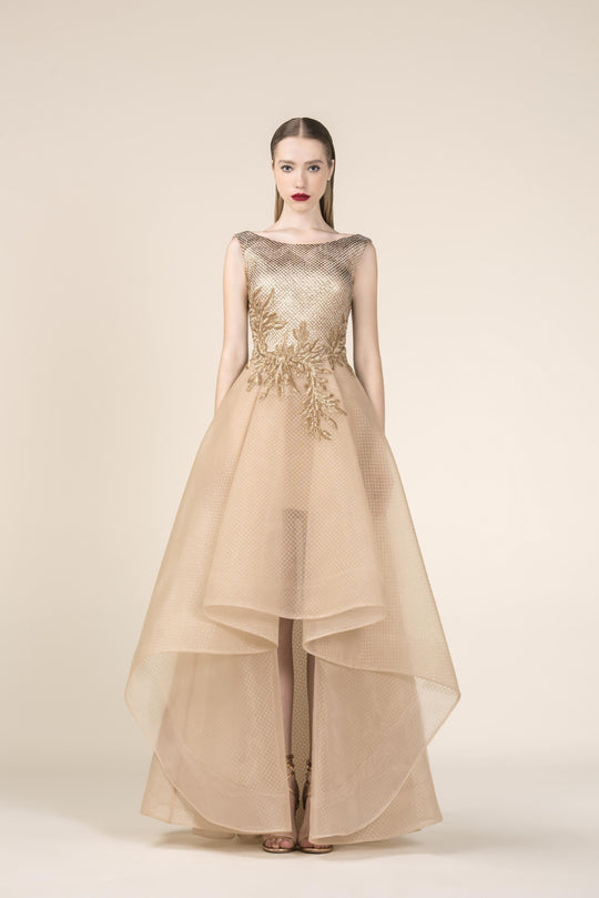 Saiid Kobeisy - RE3577 Embroidered Bateau Brocade High Low Aline Dress in Gold