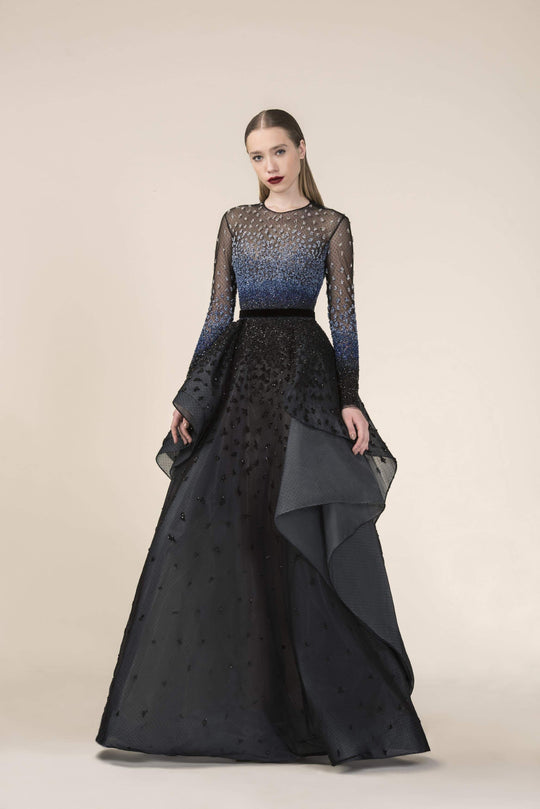Saiid Kobeisy - RE3581 Embroidered Long Sleeve A-line Dress in Black and Blue