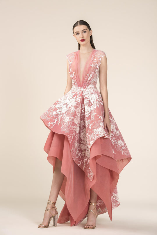 Saiid Kobeisy - RE3593 Illusion Plunging Neckline Tulle Brode Gown in Pink