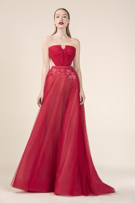 Saiid Kobeisy - RE3596 Strapless Illusion Tulle Brode A-Line Gown in Red