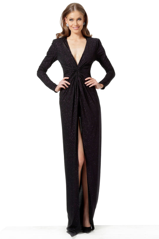 Jovani - 1708 Long Sleeve Deep V-neck Sheath Dress With Slit In Black and Pink