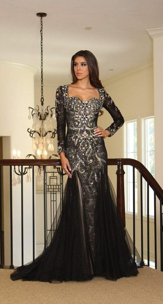 May Queen - Long Sleeve Rhinestone Embellished Evening Gown RQ-7210 in Black