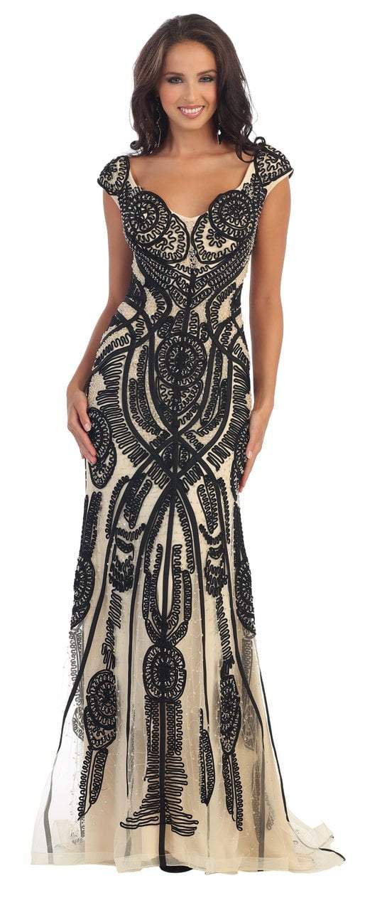 May Queen Cap Sleeve Lace Applique Evening Gown RQ7271 In Black/Nude