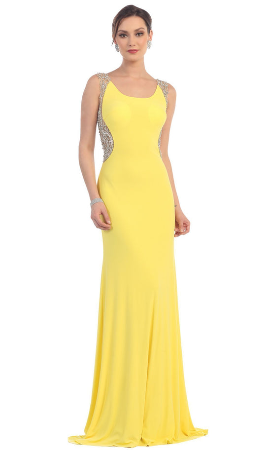 May Queen - RQ7375 Hourglass Illusion Embellished Bodice Evening Dress in Yellow