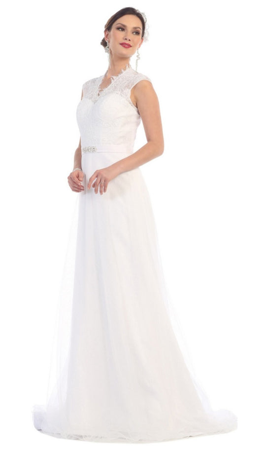May Queen - RQ-7380 Lace Cap Sleeves Bridal Dress in White