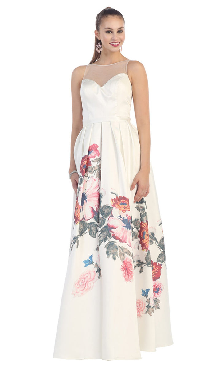 Sleeveless Floral Print Satin Evening Gown