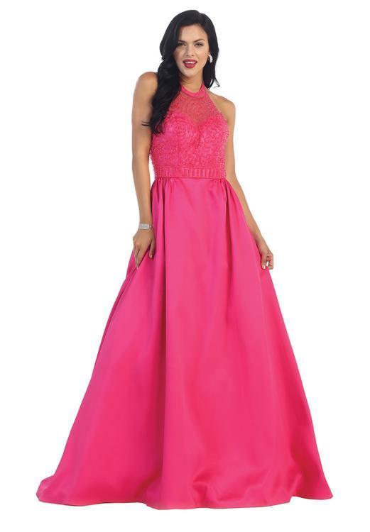 Halter Neck Beaded Satin Pink Ballgown