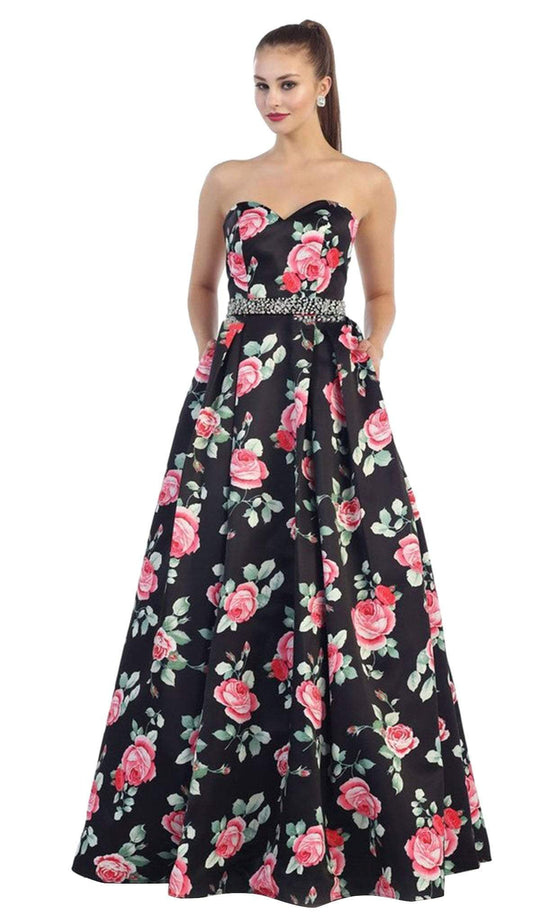 Strapless with Rhinestone Waistband Floral Print Formal Ball Gown