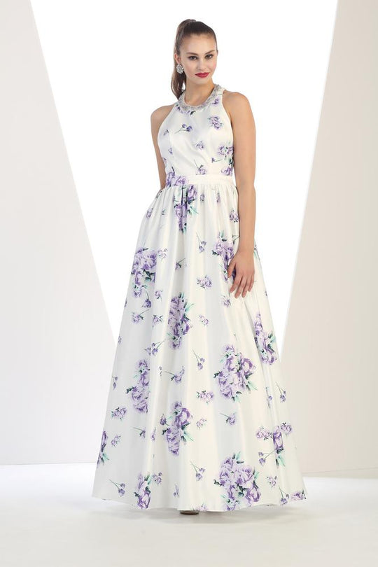 May Queen - RQ7426 Jewel Neck Floral Print Satin Evening Gown