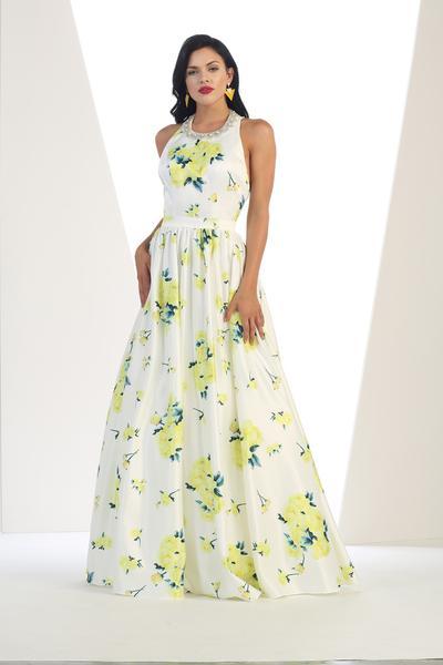 May Queen - Jewel Neck Floral Print Satin Evening Gown RQ7426  In Yellow and Multi