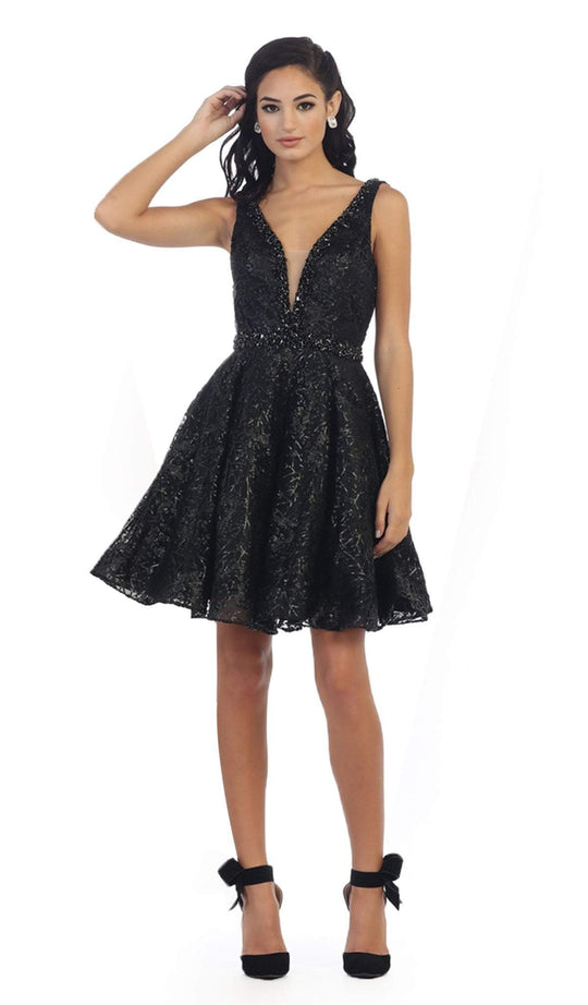 Illusion Plunging Sleeveless Cocktail Dress