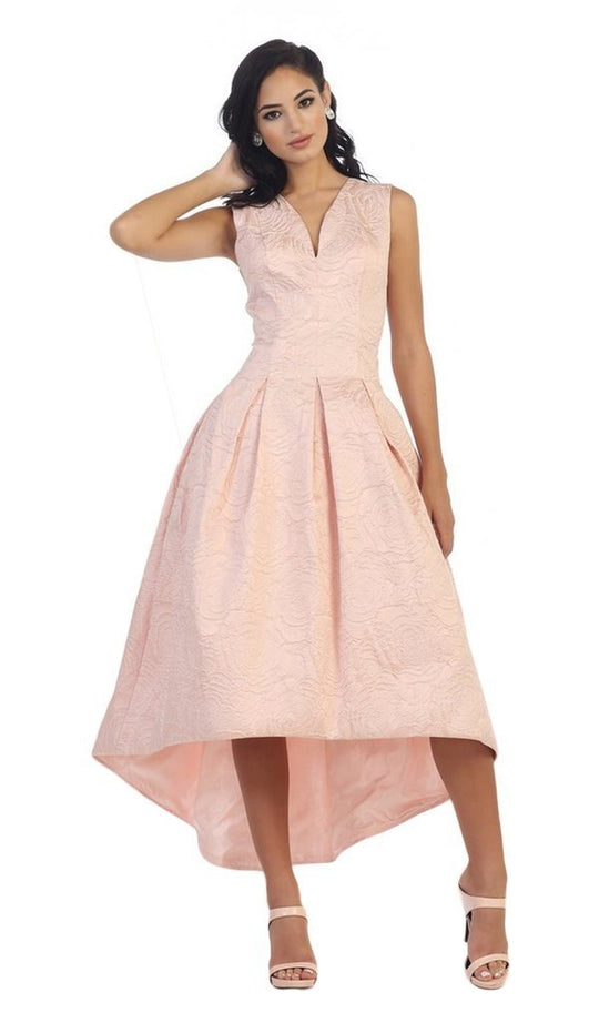 May Queen - V-Neck Jacquard High Low Cocktail Dress RQ7449 In Pink