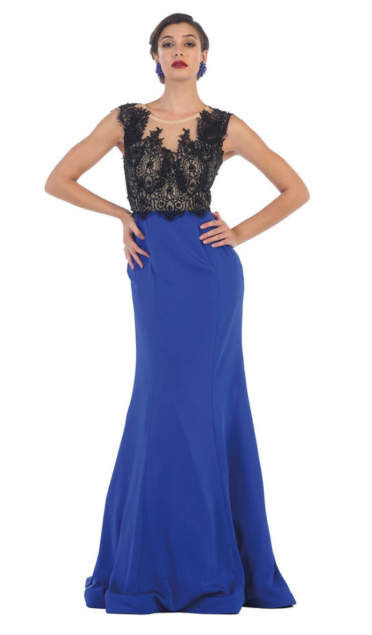May Queen - RQ7457 Lace Applique Bodice Illusion Neck Evening Dress in Blue